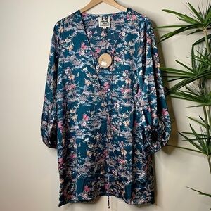 Jaase | Boho Weekend Beach Balloon Sleeve Asian Print V-Neck Tunic Dress NWT S